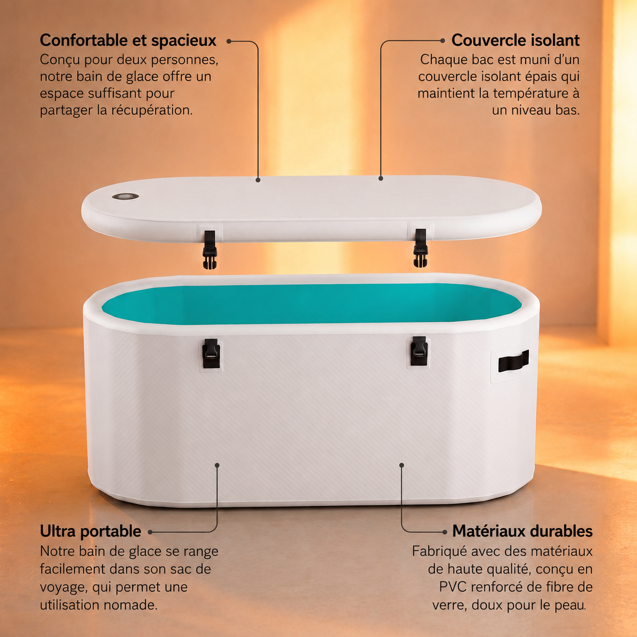 Bain froid Kalda blanc portable avec couvercle isolant ouvert, infographie produit montrant les caracteristiques : confortable, ultra portable et materiaux durables
