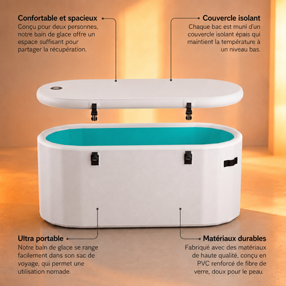 Bain froid Kalda blanc portable avec couvercle isolant ouvert, infographie produit montrant les caracteristiques : confortable, ultra portable et materiaux durables