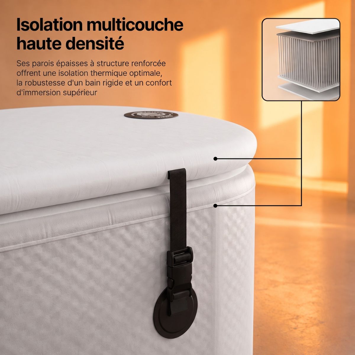 Detail paroi bain froid Kalda blanc avec isolation multicouche haute densite, zoom sur structure renforcee et sangles de fermeture