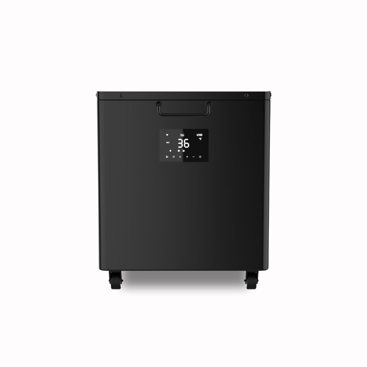 Refroidisseur bain froid Kalda noir mat vue frontale avec ecran numerique affichant la temperature, photo produit fond blanc