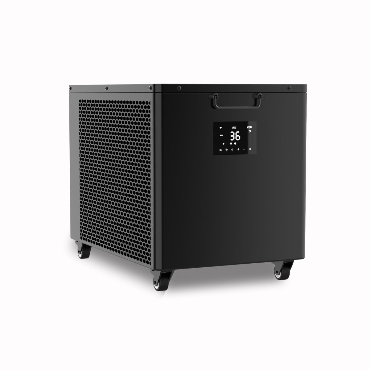 Refroidisseur bain froid Kalda noir mat vue de face avec grille en nid d'abeille et affichage numerique de temperature, photo produit fond blanc